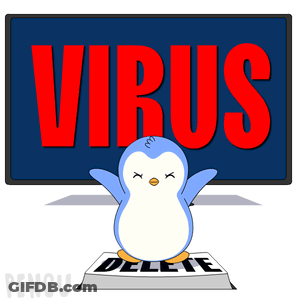 A Penguin Is Standing In Front Of A Screen That Says Virus On It GIF