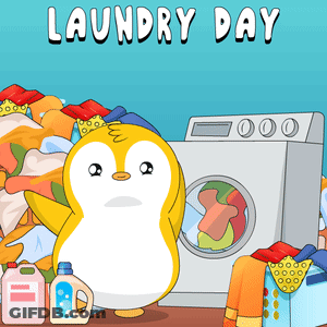 A Penguin Is Standing In Front Of A Washing Machine With The Words Laundry Day Written Above It GIF