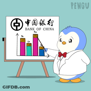 A Penguin Is Standing In Front Of A White Board With A Red Circle In The Middle And The Word Pengu On The Bottom GIF