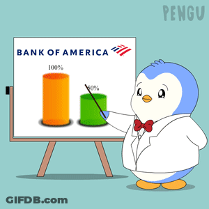 A Penguin Is Standing In Front Of A Whiteboard With A Bank Of America Logo On It GIF