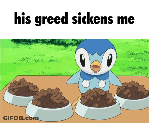 A Penguin Is Standing In Front Of Three Bowls Of Dog Food With The Caption His Greed Sickens Me GIF