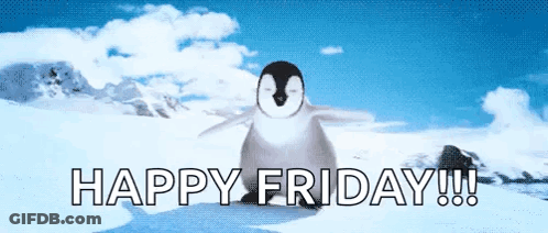 A Penguin Is Standing In The Snow With The Words Happy Friday Below It . GIF