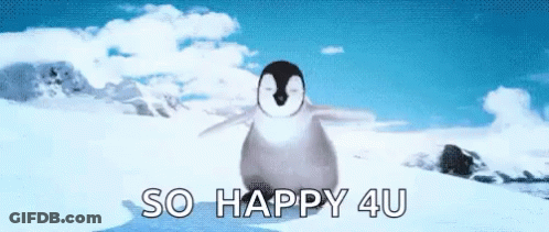 A Penguin Is Standing In The Snow With The Words So Happy 4U Below It GIF