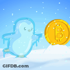 A Penguin Is Standing Next To A Bitcoin Coin GIF