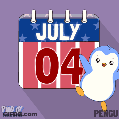 A Penguin Is Standing Next To A Calendar That Says July 4 GIF