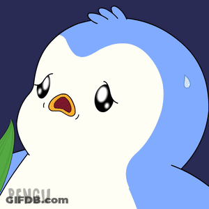 A Penguin Is Standing Next To A Potted Plant With The Word Penguin On The Bottom Right GIF