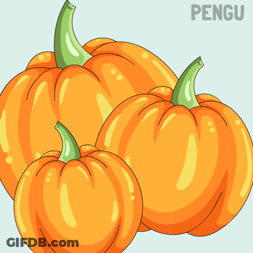 A Penguin Is Standing Next To Two Pumpkins And The Word Pengu Is On The Bottom Right GIF