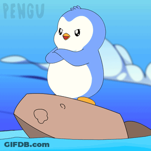 A Penguin Is Standing On A Rock In The Water With The Word Pengu Behind Him GIF