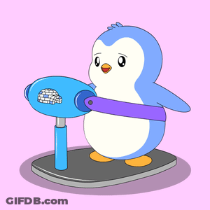 A Penguin Is Standing On A Scale With A Purple Band Around His Waist GIF