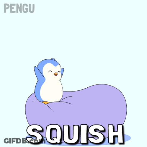 A Penguin Is Standing On Top Of A Purple Ball With The Word Squish Underneath It GIF