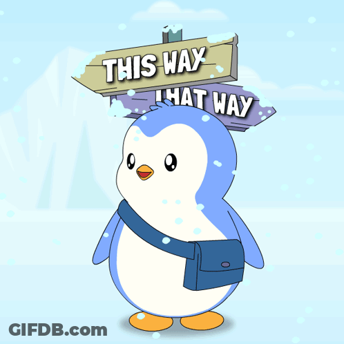 A Penguin Is Standing Under A Sign That Says This Way GIF