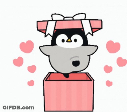 A Penguin Is Sticking Its Head Out Of A Pink Box With Hearts Around It GIF