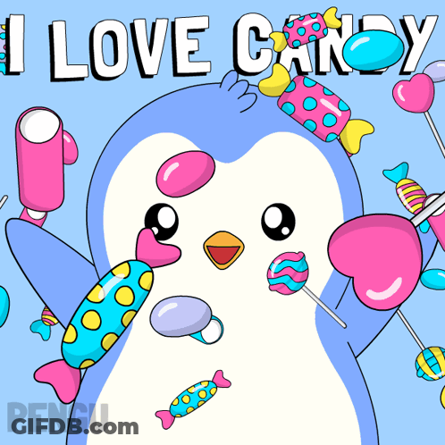 A Penguin Is Surrounded By Colorful Candy And The Words I Love Candy GIF