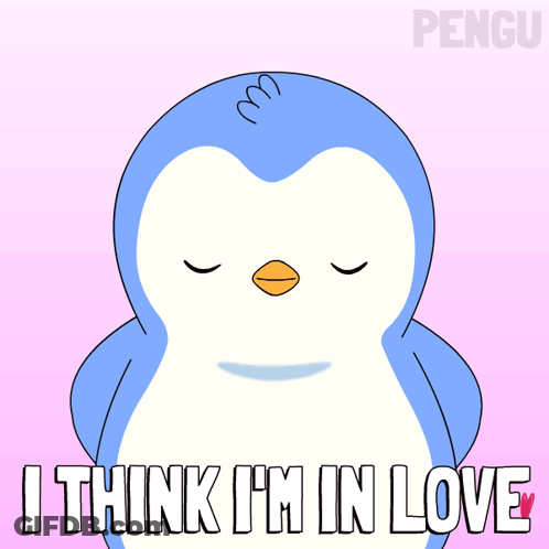 A Penguin Is Surrounded By Hearts And The Words I Think I 'M In Love GIF