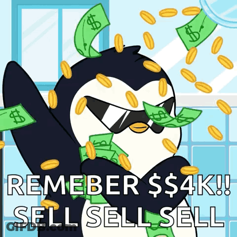 A Penguin Is Surrounded By Money And Coins And Says " Remember $ $ 4K " GIF