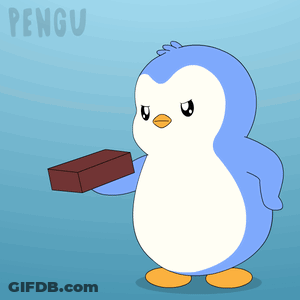 A Penguin Is Throwing A Brick In The Air And The Word Pengu Is On The Bottom Right GIF