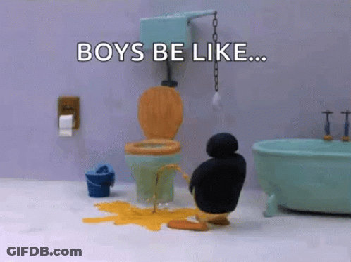 A Penguin Is Urinating In A Bathroom Next To A Bathtub And Toilet . GIF