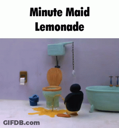 A Penguin Is Urinating In A Bathroom With The Words Minute Maid Lemonade GIF