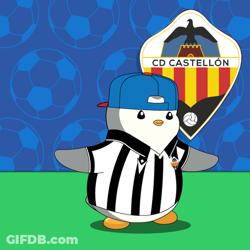A Penguin Is Wearing A Black And White Striped Shirt And Standing In Front Of A Cd Castellon Logo GIF