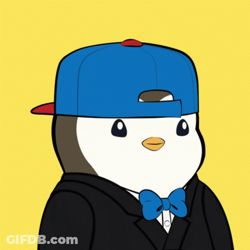 A Penguin Is Wearing A Blue Hat And A Bow Tie GIF