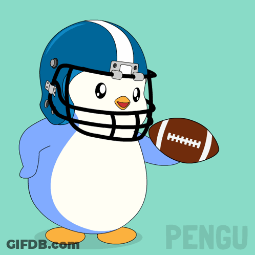 A Penguin Is Wearing A Football Helmet And Holding A Football Above Its Head GIF