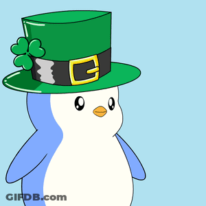 A Penguin Is Wearing A Green Hat With A Clover On It GIF