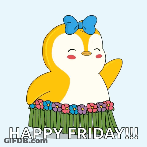 A Penguin Is Wearing A Hula Skirt With Flowers And The Words Happy Friday GIF