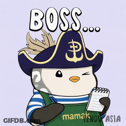 A Penguin Is Wearing A Pirate Hat And Holding A Notepad With The Word Boss Written On It GIF
