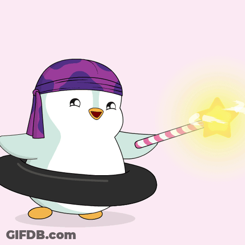 A Penguin Is Wearing A Purple Bandana And Holding A Candy Cane GIF