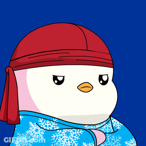 A Penguin Is Wearing A Red Headband And A Blue Jacket With Snowflakes On It GIF