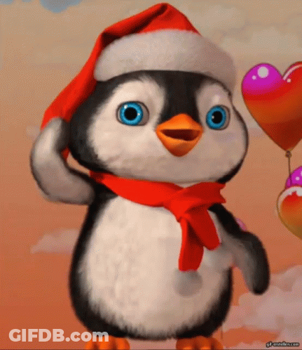 A Penguin Is Wearing A Santa Hat And Scarf GIF
