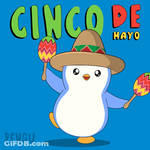 A Penguin Is Wearing A Sombrero And Holding Maracas On A Blue Background GIF
