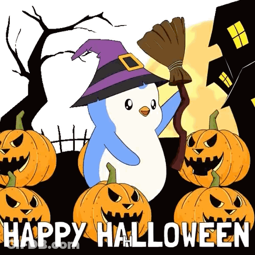 A Penguin Is Wearing A Witch Hat And Holding A Broom Surrounded By Pumpkins And The Words Happy Halloween GIF