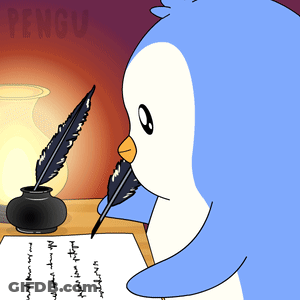 A Penguin Is Writing On A Piece Of Paper With A Quill Pen GIF