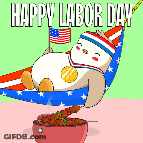 A Penguin Laying In A Hammock With The Words Happy Labor Day Written Above It GIF