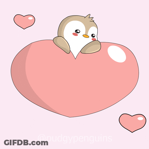 A Penguin Laying On Top Of A Pink Heart With Other Hearts Around It GIF