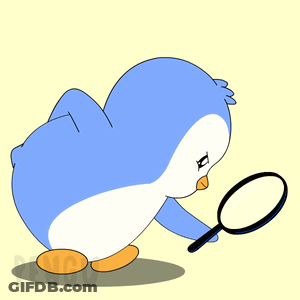 A Penguin Looking Through A Magnifying Glass With The Letter K On Its Head GIF