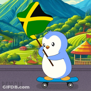 A Penguin On A Skateboard Holding A Jamaican Flag In Front Of A Landscape GIF