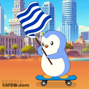 A Penguin On A Skateboard Holding A Striped Flag GIF
