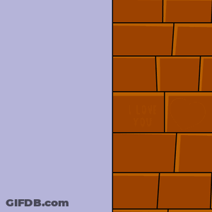 A Penguin Peeking Out From Behind A Brick Wall With The Words I Love You Written On It GIF