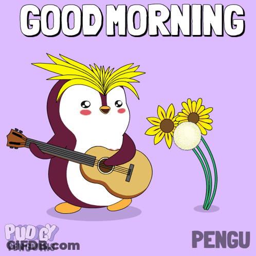 A Penguin Playing A Guitar With The Words Good Morning Penguins Below It GIF