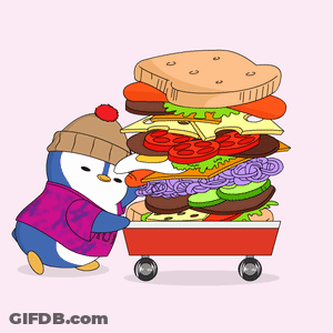 A Penguin Pushing A Cart With A Sandwich On It GIF