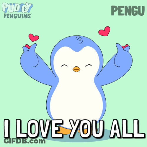 A Penguin Says " I Love You All " In Front Of Hearts GIF