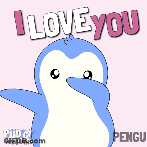 A Penguin Says " I Love You " In Front Of Hearts GIF