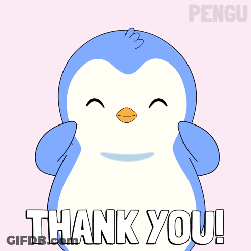 A Penguin Says Thank You In White Letters On A Pink Background GIF