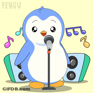 A Penguin Singing Into A Microphone With The Word Pengu On The Bottom Right GIF