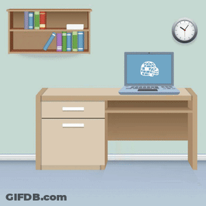 A Penguin Sits In A Chair In Front Of A Desk With A Laptop GIF