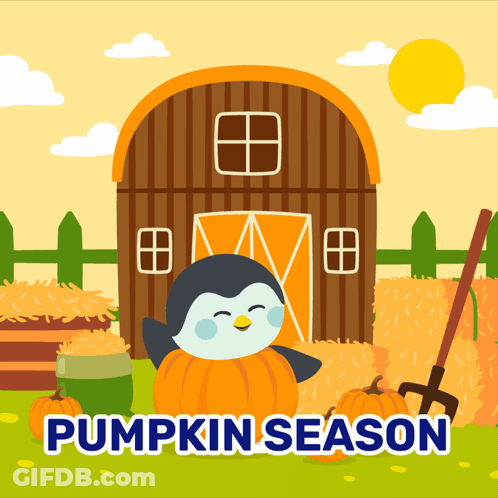 A Penguin Sits On A Pumpkin In Front Of A Barn With The Words Pumpkin Season Written Below It GIF