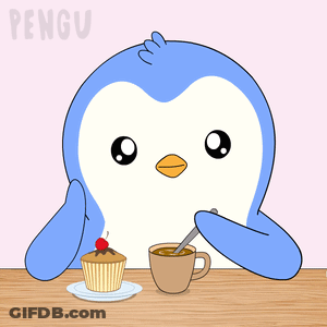A Penguin Sitting At A Table With A Cup Of Coffee And A Cupcake With A Cherry On Top GIF