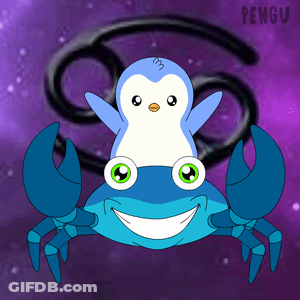 A Penguin Sitting On Top Of A Blue Crab With A Cancer Sign Behind It GIF